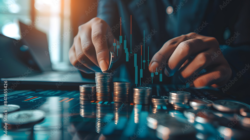 Poster a business person counting coins with an upward trending graph and arrow in the background.represent