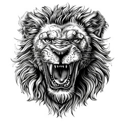 Roaring Lion Illustration: A striking black and white illustration of a fierce lion's face, its mouth wide open in a roar, capturing the raw power and intensity of the animal.