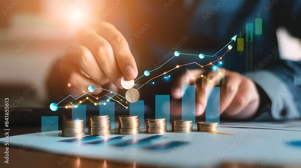 Aufkleber a business person counting coins with an upward trending graph and arrow in the background.represent