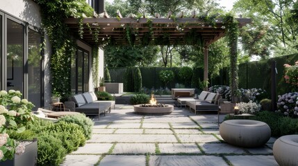 Obraz premium Contemporary Garden Patio with Pergola, Fire Pit, and Elegant Outdoor Furniture for Relaxed Gatherings