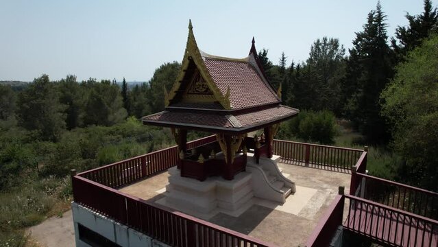 Aerial Panning Shot Of Famous Buddhist Temple , Ben Shemen Forest, Israel
