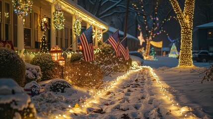 A snow-covered walkway illuminated by string lights, with American flags and festive decorations Independence day of America