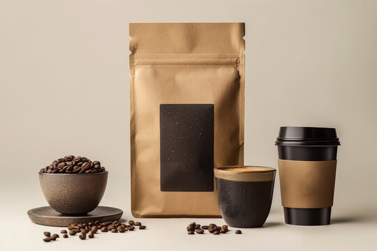 Elegant coffee bag mockup with modern design. Minimalistic packaging and elegant typography. On a neutral background, emphasizing the premium quality of the product.