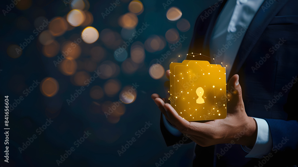 Poster a businessman holding a yellow colored file icon in his hand representing data and network connectio