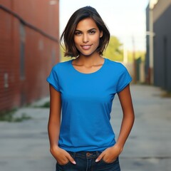 Fototapeta premium A woman in a blue shirt is standing in front of a brick wall