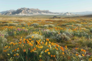 Desert in Bloom After Rare Rainfall with Vibrant Wildflowers Against Arid Terrain