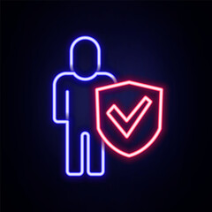 Glowing neon line Healthy lifestyle icon isolated on isolated on brick wall background. Colorful outline concept. Vector