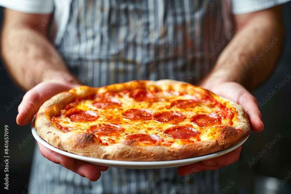 Poster close up of pizza held in hands with blurred background, providing ample space for text placement