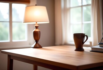 Minimal Scandinavian contemporary empty wooden table with sunlight. Simplistic Home office, Cafe, office and library	

