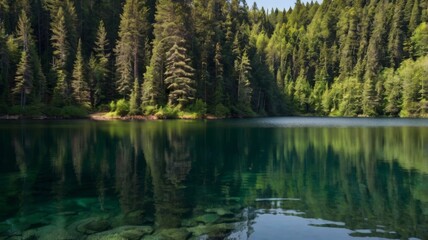 Obraz premium A serene lake surrounded by dense forest, reflecting the calm water and natural beauty, under a bright blue sky with fluffy white clouds.