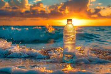 Crystal Clear Water Bottle on Beach at Sunset with Waves Crashing in Background