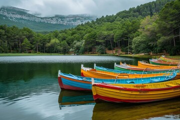Colorful Boats on Tranquil Forest Lake