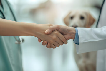 A detailed shot of a veterinarian shaking hands with a pet owner, with a blurred background of a veterinary clinic, providing ample copy space