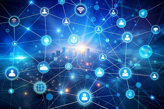 Smart city and big data connection technology concept with digital blue wavy wires, double exposure. Ai generated