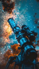 Dedicated astronomer observing the cosmos through a telescope, with constellations and the Milky Way visible overhead, capturing the beauty and mystery of the universe