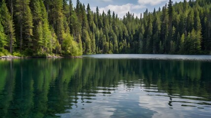 Obraz premium A serene lake surrounded by dense forest, reflecting the calm water and natural beauty, under a bright blue sky with fluffy white clouds.