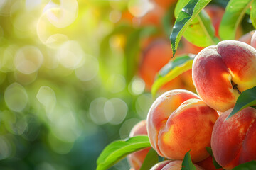 A detailed shot of ripe peaches with soft, fuzzy skin, with a blurred background of a fruit orchard, plenty of copy space for text 