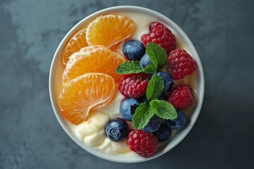 Fruit Yogurt Bowl with Fresh Berries and Tangerine Slices