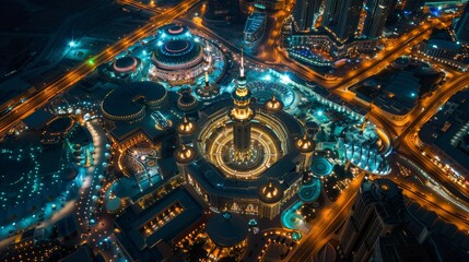Aerial view of a city lit up with Ramadan decorations, showcasing the communal spirit during the holy month