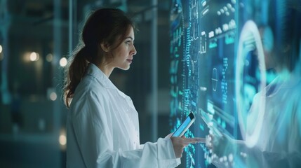 Female Doctor Using Tablet with Futuristic Interface in Medical Science Lab, Blank Text Area
