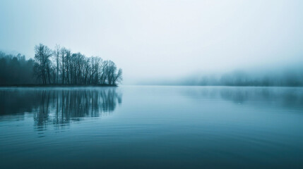 Fototapeta premium Serene lake with trees and mist