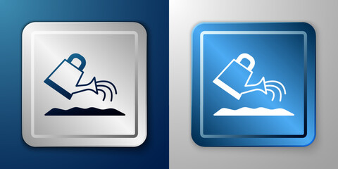 White Watering can icon isolated on blue and grey background. Irrigation symbol. Silver and blue square button. Vector