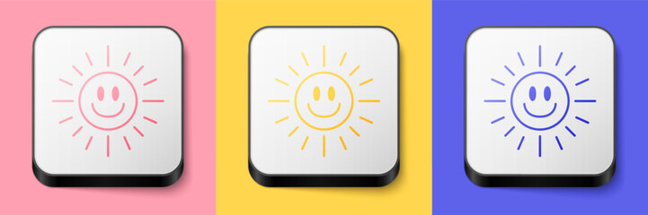 Isometric Sun icon isolated on pink, yellow and blue background. Square button. Vector
