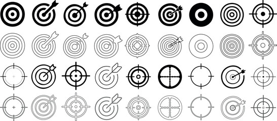 Target vector set, bullseye, dartboard, crosshairs, aim silhouette vector illustrations, shooting targets, archery, accuracy, precision, concentric circles, competition icon symbols