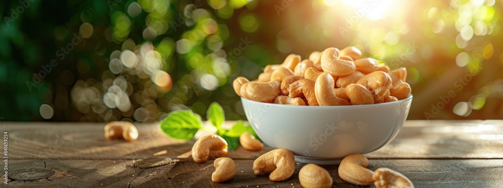 Wall mural cashews in a bowl in a white bowl on a wooden table. Selective focus