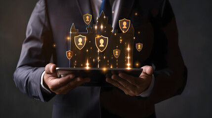 A businessman holds a tablet with shield and castle icons floating above it 
