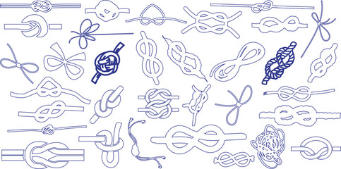 knot vector set, Monochrome vector illustration of various knots, perfect for educational, nautical, or design purposes. Detailed line art style on a plain background © Arafat