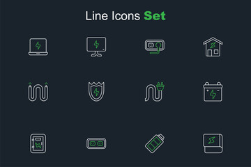 Set line Book about electricity, Battery charge, Electrical outlet, panel, Car battery, plug, Lightning and shield and cable icon. Vector