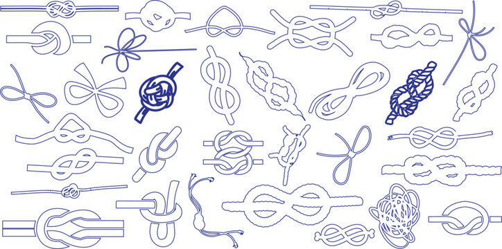 knot vector set, Monochrome vector illustration of various knots, perfect for educational, nautical, or design purposes. Detailed line art style on a plain background