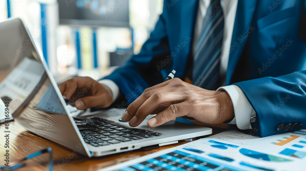 Poster a businessman in a blue suit using a calculator and laptop computer to check finances while working 