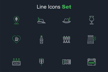 Set line Street signboard with Beer, Accordion, Wheat, Pack of beer bottles, Wooden mug, Dried fish, and Heart glass icon. Vector