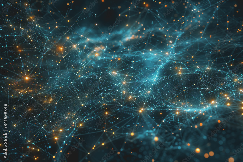 Poster abstract science, circle global network connection in hands on night sky background.