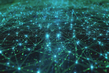 Abstract science, circle global network connection in hands on night sky background.