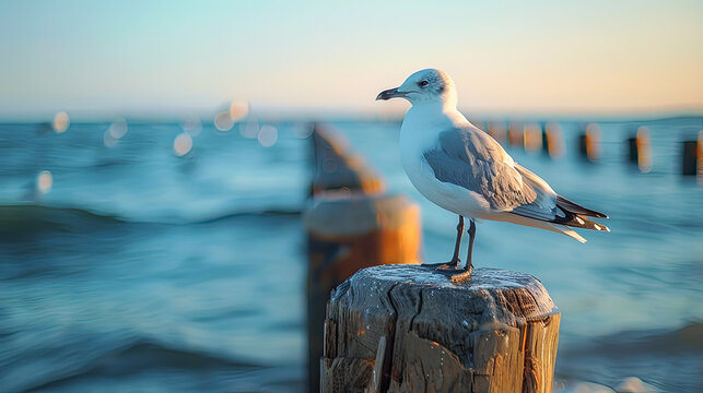 Evoke the tranquility of seaside serenity with a mesmerizing image showcasing a majestic seagull perched elegantly on weathered pier pilings