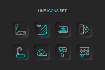 Set line Brick wall with trowel, Paint roller brush, Roulette construction, Washbasin, Color palette guide, Worker safety helmet, Wallpaper and Corner ruler icon. Vector