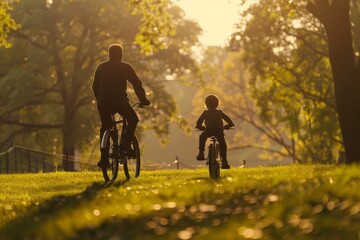 Fototapeta premium Silhouette Of A Father And His Child Riding Their Bikes Together At A Park Father's Day