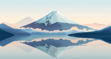 A minimalist flat illustration of Mount Fuji with smooth, simple shapes and muted colors, reflecting the serene beauty of the mountain in Japan