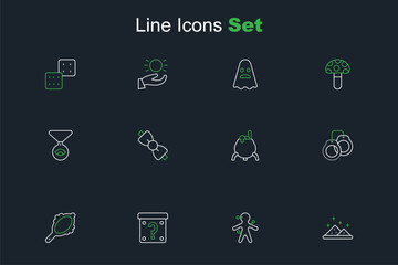Set line Magic powder, Voodoo doll, Mystery box, hand mirror, Handcuffs, Witch cauldron, Bow tie and Medallion chain with eye icon. Vector