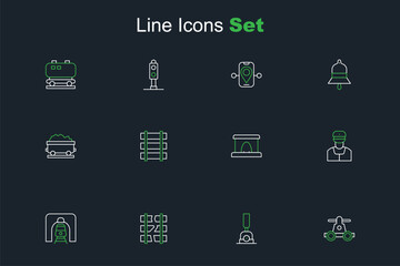 Naklejka premium Set line Handcar transportation, Arrow for switching the railway, Broken cracked, Train tunnel, conductor, Railway, barrier and Coal train wagon icon. Vector