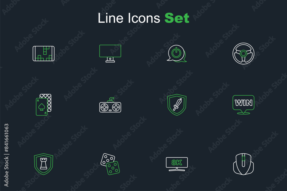 Poster set line computer mouse, monitor, game dice, chess shield, medal, sword for game, controller joystic