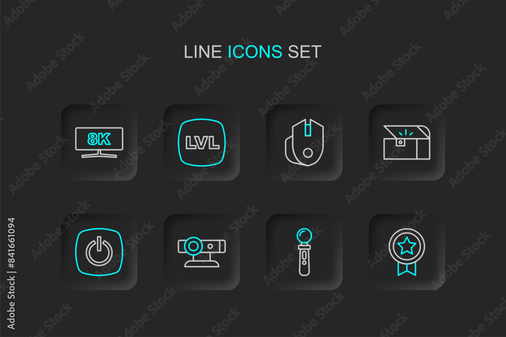 Poster set line game rating with medal, vr controller game, web camera, power button, chest for, computer m