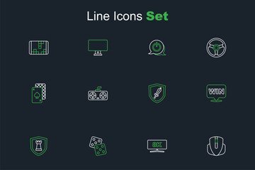 Set line Computer mouse, monitor, Game dice, Chess shield, Medal, Sword for game, controller joystick and Playing cards icon. Vector