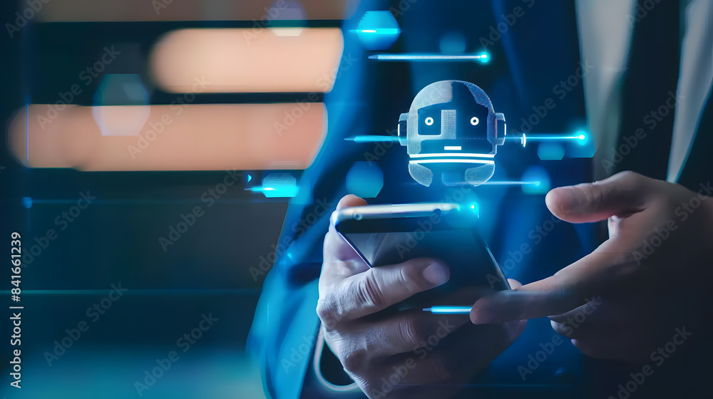 Poster a businessman is using a chatbot for business and customer service on a smartphone with copy space