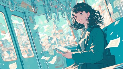 Beautiful Japanese anime girl on a train in a bustling city, stock market data, white background, perfect for combining culture and finance