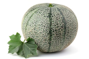 Cantaloupe with leaf on white background