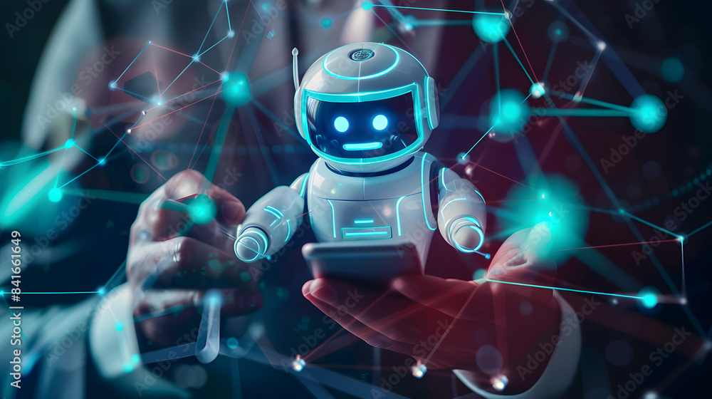 Poster a businessman is using a chatbot for business and customer service on a smartphone with copy space